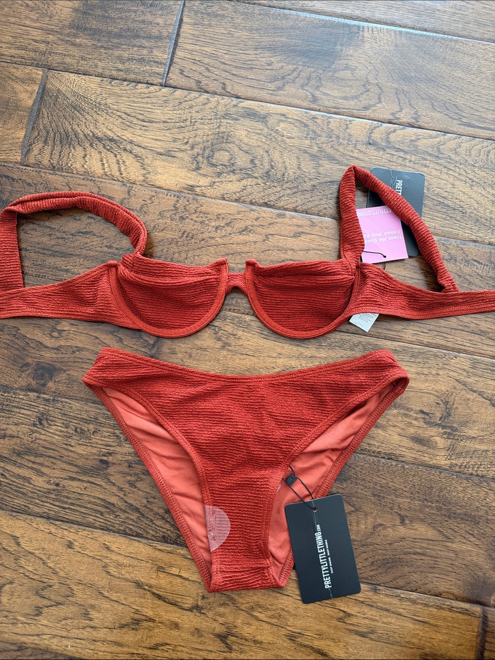Pretty little thing brown mini crinkle underwire top (8) mini cheeky bum (10) UK